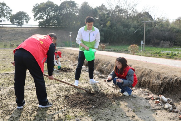 志愿者們?cè)诨貎?nèi)播撒蔬菜種子。張家港煙草供圖