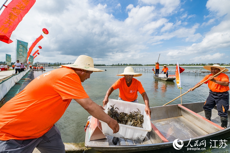 一筐筐螃蟹從蟹船搬運(yùn)上岸。人民網(wǎng) 楊維瓊攝