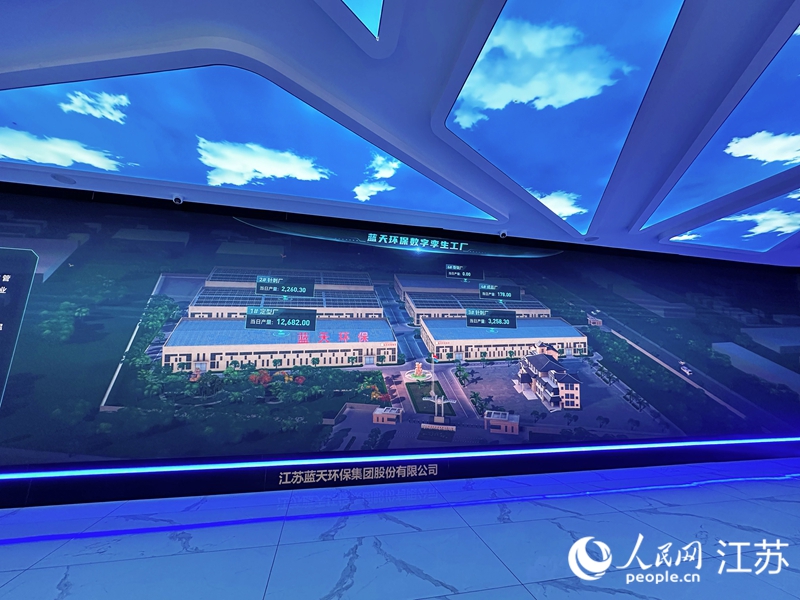 江蘇藍(lán)天環(huán)保集團(tuán)股份有限公司數(shù)字孿生工廠實(shí)時(shí)顯示生產(chǎn)數(shù)據(jù)。 人民網(wǎng) 周夢(mèng)嬌攝