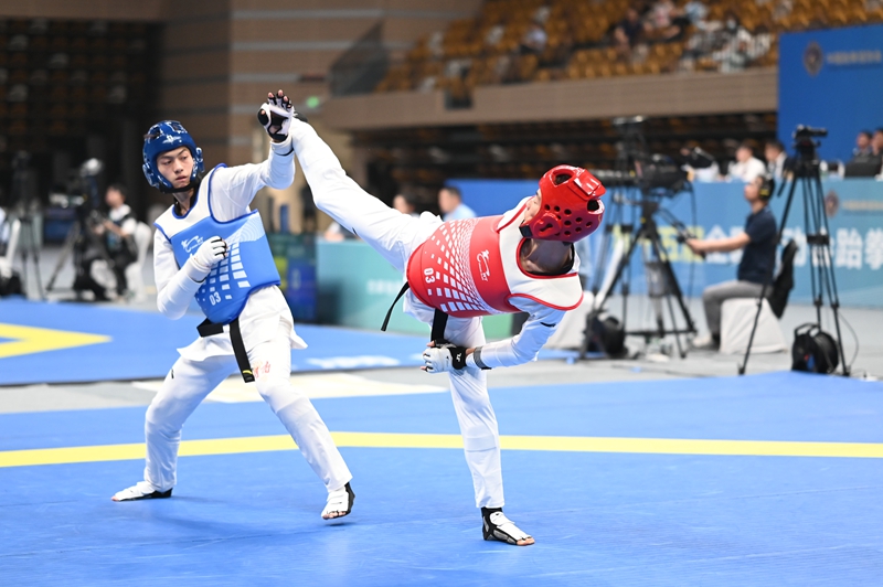 第十五屆全國運動會跆拳道項目資格賽（一）比賽現(xiàn)場。陜西省拳擊跆拳道運動管理中心供圖