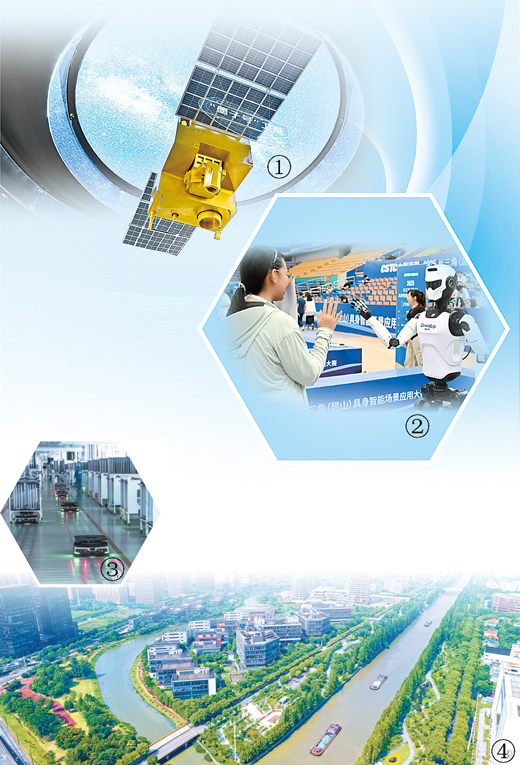圖①：位于安徽省合肥市的中電信量子信息科技集團有限公司科技體驗館內(nèi)，“墨子號”量子衛(wèi)星模型正在展出。    新華社記者 張 鋮攝    圖②：在2025長三角（昆山）具身智能場景應用大賽中，機器人與觀眾互動。    張從余攝    圖③：在浙江省金華市，潤馬光能科技（金華）有限公司5G車間的智能機器人在自動運行。    新華社記者 徐 昱攝    圖④：位于上海浦東新區(qū)張江科學城中部核心區(qū)的張江人工智能島。    馬二虎攝