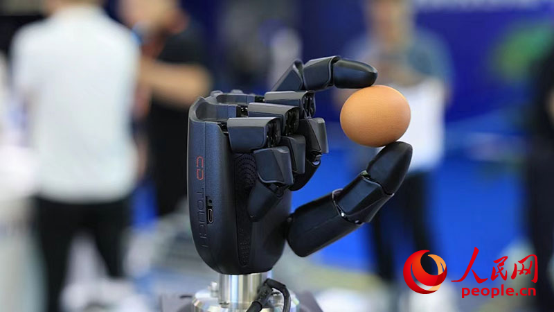 2025江蘇產(chǎn)學(xué)研合作對(duì)接大會(huì)上，靈巧手穩(wěn)穩(wěn)夾住一顆雞蛋。人民網(wǎng) 范堯攝