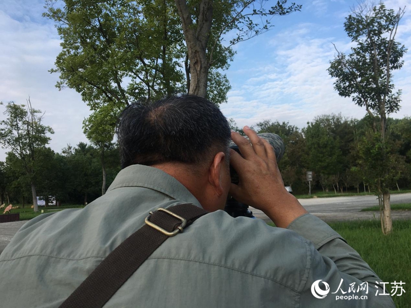 范明在赤山湖國家濕地公園內(nèi)觀鳥。人民網(wǎng) 俞楊攝