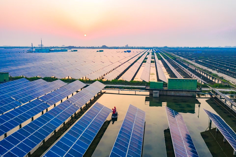 航拍金湖縣塔集鎮(zhèn)陳家圩的振合“漁光互補”光伏發(fā)電站。梁德斌攝