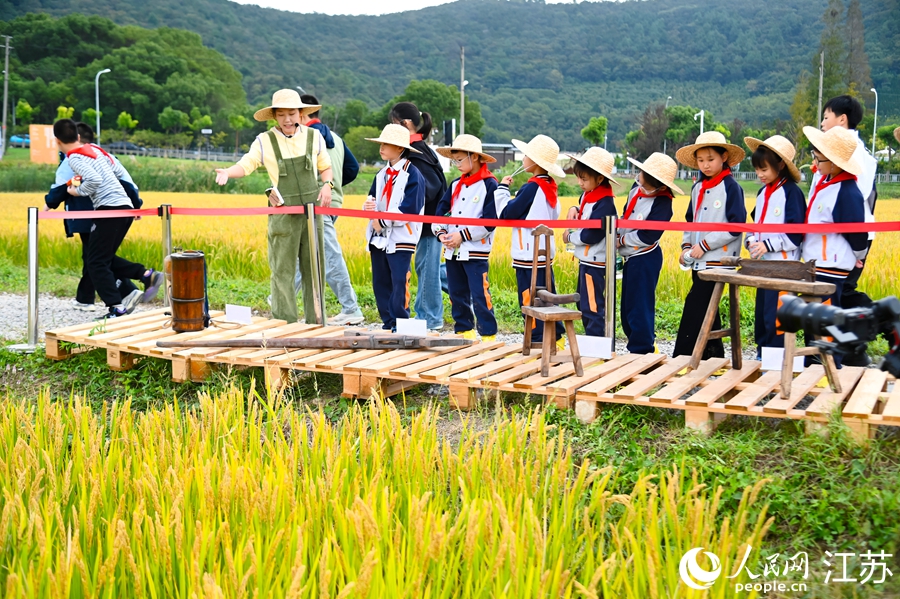 學(xué)生們近距離了解傳統(tǒng)農(nóng)具。人民網(wǎng)記者 周夢嬌攝