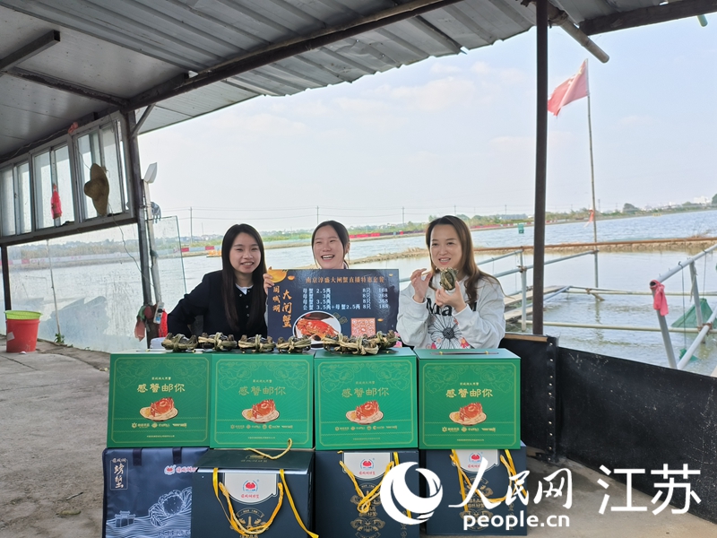 高淳煙草青年志愿者在“淳美”直播間里賣螃蟹。人民網(wǎng) 任曉燃攝