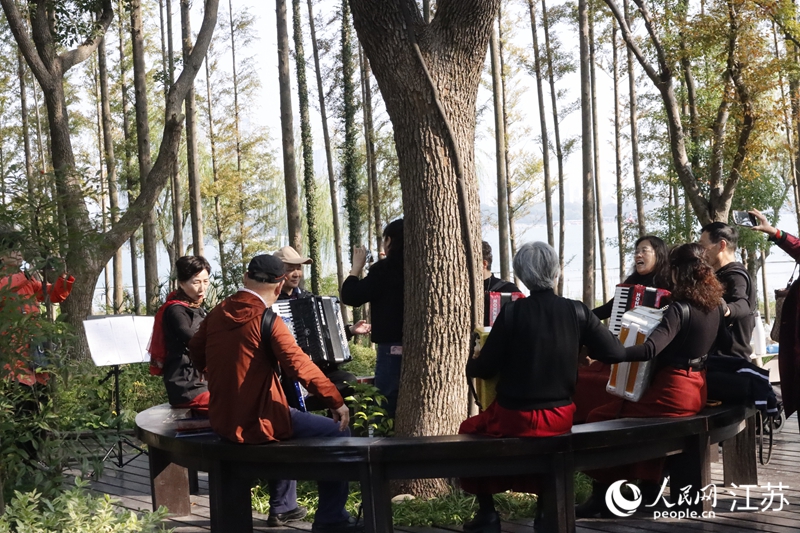 “浪漫手風(fēng)琴”樂(lè)團(tuán)在圍坐演奏。 人民網(wǎng) 劉益佳攝