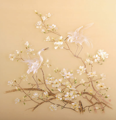 蘇繡玉蘭白鷺圖。姚 卓供圖