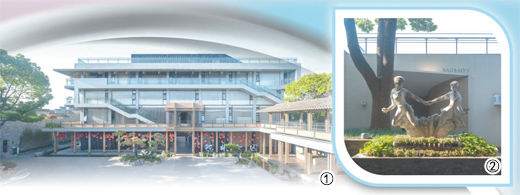 圖①：位于“廣陵有鹽”街區(qū)的原廣陵小學(xué)教學(xué)樓。圖②：位于“廣陵有鹽”街區(qū)的原廣陵小學(xué)校園雕塑。