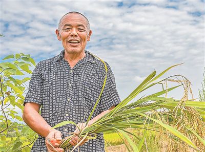 四川彭州市敖平鎮(zhèn)農(nóng)民展示由湔江堰灌區(qū)的水澆灌長成的水稻。彭州市敖平鎮(zhèn)人民政府供圖